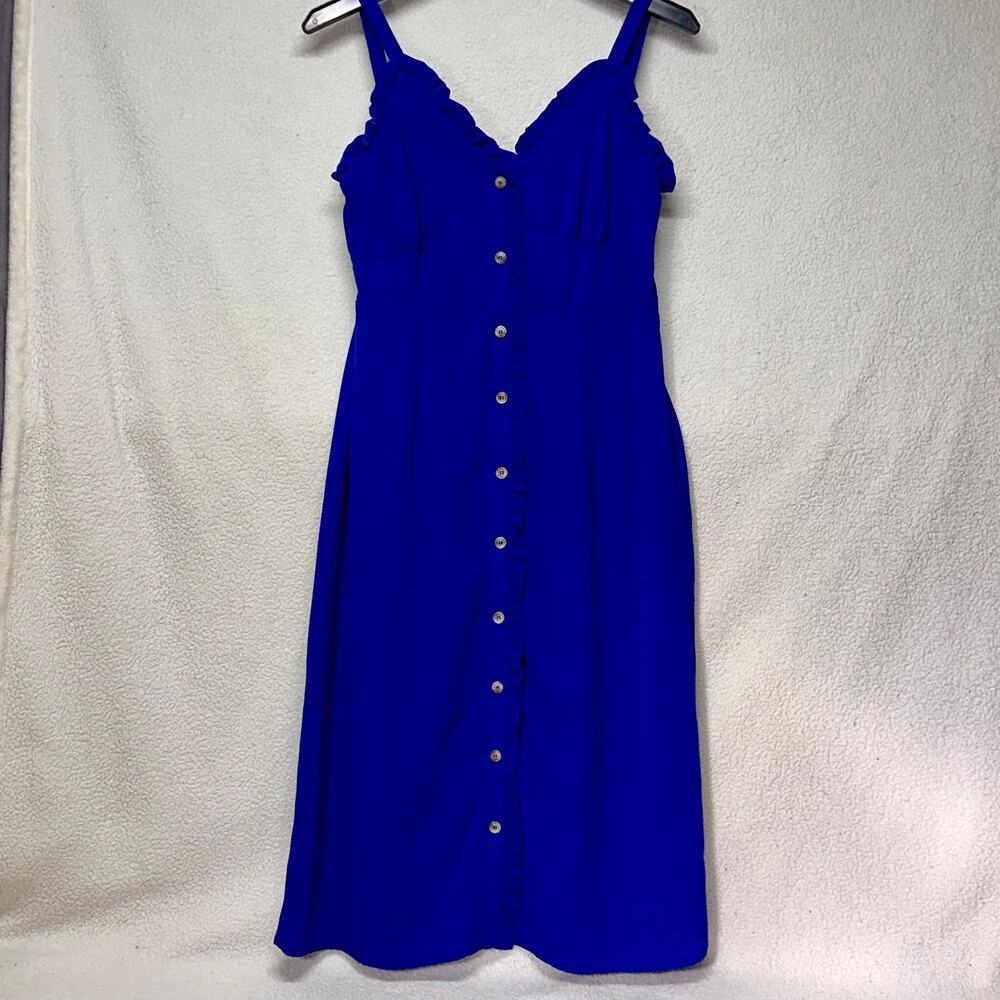 Cobalt Blue Ruffle Button Front Midi Dress Small Adjustable Strap - Picture 4 of 10